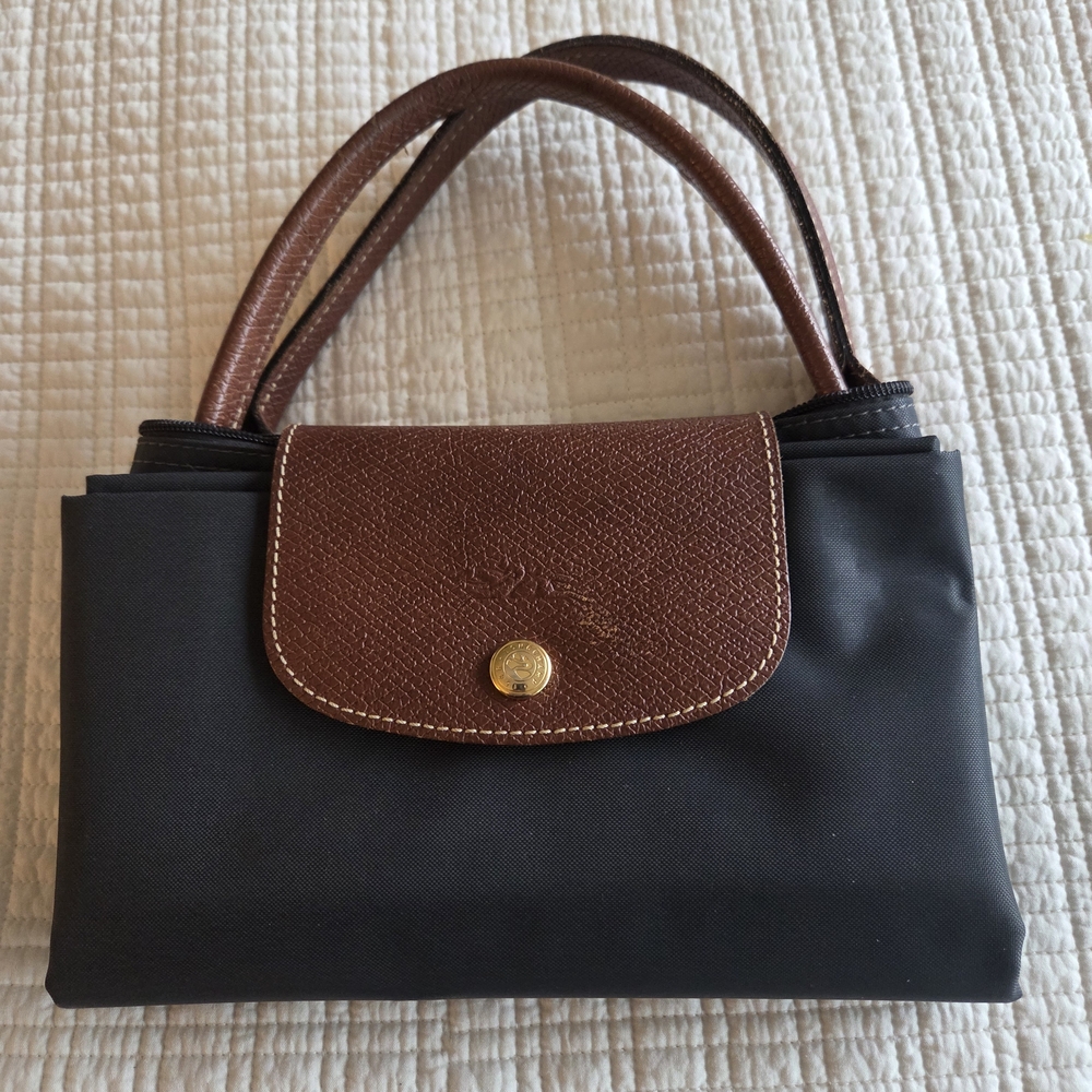 Longchamp Black Nylon Tote with Brown Leather Trim